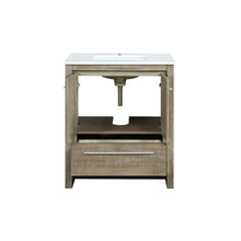 Load image into Gallery viewer, Lexora Lafarre LLF30SKSOS000 30&quot; Single Bathroom Vanity in Rustic Acacia with White Quartz, White Rectangle Sink, Open Doors Front View
