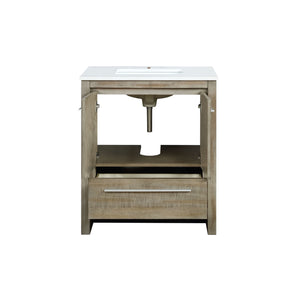 Lexora Lafarre LLF30SKSOS000 30" Single Bathroom Vanity in Rustic Acacia with White Quartz, White Rectangle Sink, Open Doors Front View