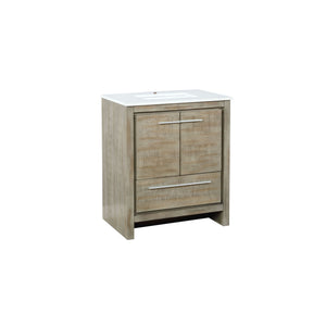 Lexora Lafarre LLF30SKSOS000 30" Single Bathroom Vanity in Rustic Acacia with White Quartz, White Rectangle Sink, Angled View