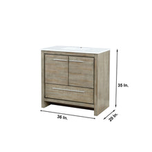 Load image into Gallery viewer, Lexora Lafarre LLF36SKSOS000 36&quot; Single Bathroom Vanity in Rustic Acacia with White Quartz, White Rectangle Sink, Dimensions