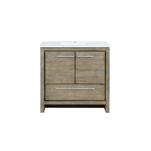Lexora Lafarre LLF36SKSOS000 36" Single Bathroom Vanity in Rustic Acacia with White Quartz, White Rectangle Sink, Front View