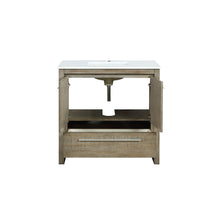 Load image into Gallery viewer, Lexora Lafarre LLF36SKSOS000 36&quot; Single Bathroom Vanity in Rustic Acacia with White Quartz, White Rectangle Sink, Open Doors Front View