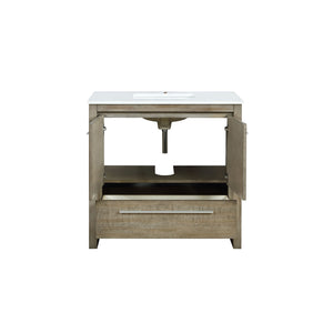 Lexora Lafarre LLF36SKSOS000 36" Single Bathroom Vanity in Rustic Acacia with White Quartz, White Rectangle Sink, Open Doors Front View