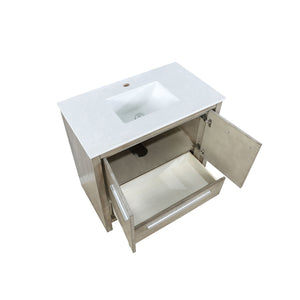 Lexora Lafarre LLF36SKSOS000 36" Single Bathroom Vanity in Rustic Acacia with White Quartz, White Rectangle Sink, Open Doors and Drawer