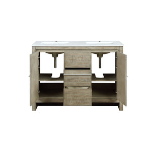 Lexora Lafarre LLF48SKSOS000 48" Double Bathroom Vanity in Rustic Acacia with White Quartz, White Rectangle Sinks, Open Doors Front View