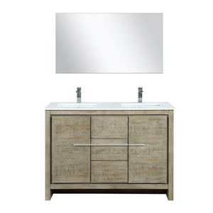 Lexora Lafarre LLF48SKSOS000 48" Double Bathroom Vanity in Rustic Acacia with White Quartz, White Rectangle Sinks, with Mirror and Faucets