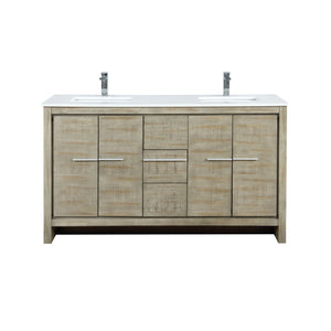 Lexora Lafarre LLF60SKSOS000 60" Double Bathroom Vanity in Rustic Acacia with White Quartz, White Rectangle Sinks, with Faucets