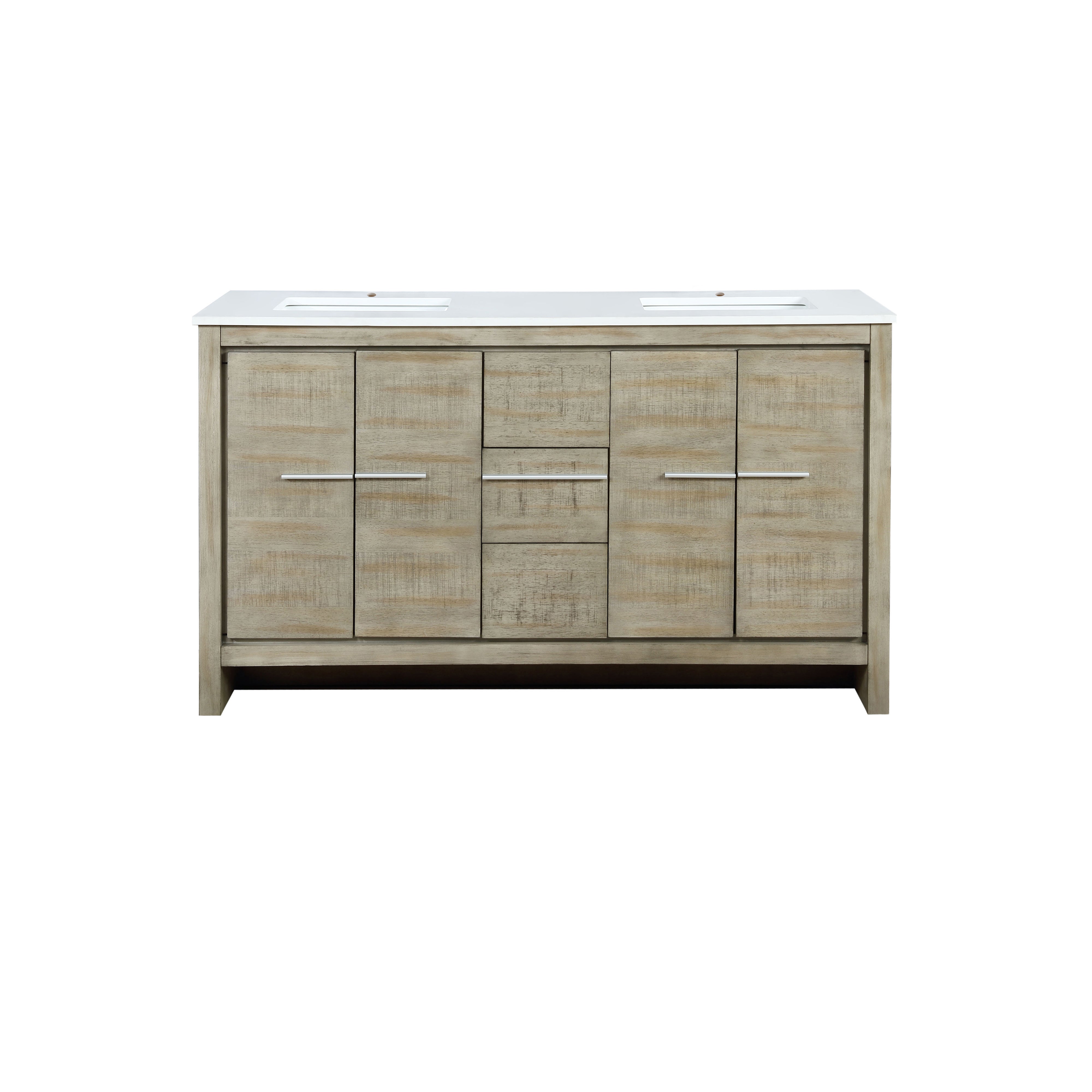 Lexora Lafarre LLF60SKSOS000 60" Double Bathroom Vanity in Rustic Acacia with White Quartz, White Rectangle Sinks, Front View
