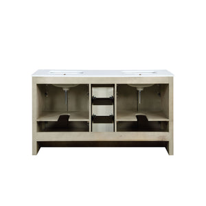 Lexora Lafarre LLF60SKSOS000 60" Double Bathroom Vanity in Rustic Acacia with White Quartz, White Rectangle Sinks, Back View