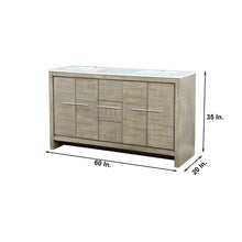 Load image into Gallery viewer, Lexora Lafarre LLF60SKSOS000 60&quot; Double Bathroom Vanity in Rustic Acacia with White Quartz, White Rectangle Sinks, Dimensions