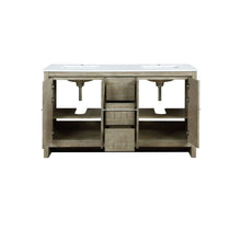 Load image into Gallery viewer, Lexora Lafarre LLF60SKSOS000 60&quot; Double Bathroom Vanity in Rustic Acacia with White Quartz, White Rectangle Sinks, Open Doors and Drawers Front View
