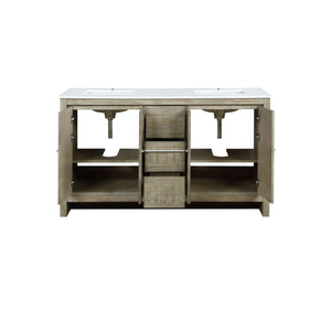 Lexora Lafarre LLF60SKSOS000 60" Double Bathroom Vanity in Rustic Acacia with White Quartz, White Rectangle Sinks, Open Doors and Drawers Front View