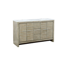 Load image into Gallery viewer, Lexora Lafarre LLF60SKSOS000 60&quot; Double Bathroom Vanity in Rustic Acacia with White Quartz, White Rectangle Sinks, Angled View