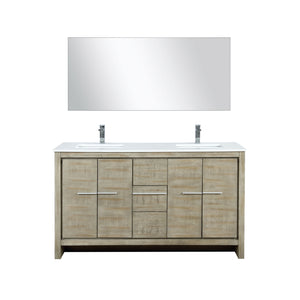 Lexora Lafarre LLF60SKSOS000 60" Double Bathroom Vanity in Rustic Acacia with White Quartz, White Rectangle Sinks, with Mirror and Faucets