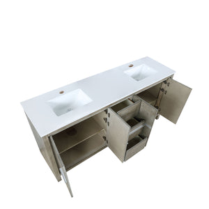 Lexora Lafarre LLF72SKSOS000 72" Double Bathroom Vanity in Rustic Acacia with White Quartz, White Rectangle Sinks, Open Doors and Drawers