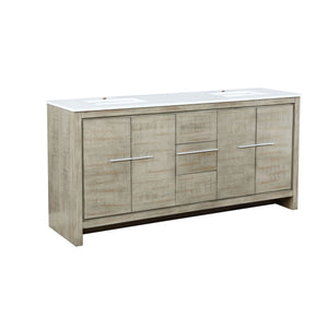 Lexora Lafarre LLF72SKSOS000 72" Double Bathroom Vanity in Rustic Acacia with White Quartz, White Rectangle Sinks, Angled View