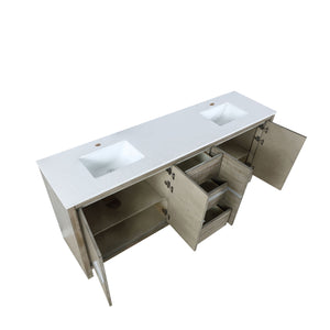 Lexora Lafarre LLF80SKSOS000 80" Double Bathroom Vanity in Rustic Acacia with White Quartz, White Rectangle Sinks, Open Doors and Drawers