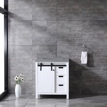 Load image into Gallery viewer, Lexora Marsyas LM342230SAAS000 30&quot; Single Bathroom Vanity in White with Grey Quartz, White Rectangle Sink, Rendered Front View