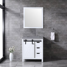 Load image into Gallery viewer, Lexora Marsyas LM342230SAAS000 30&quot; Single Bathroom Vanity in White with Grey Quartz, White Rectangle Sink, Rendered with Mirror