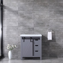 Load image into Gallery viewer, Lexora Marsyas LM342230SBBS000 30&quot; Single Bathroom Vanity in Dark Grey with White Carrara Marble, White Rectangle Sink, Rendered Front View