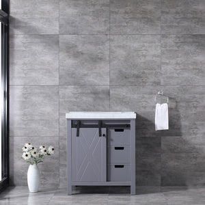 Lexora Marsyas LM342230SBBS000 30" Single Bathroom Vanity in Dark Grey with White Carrara Marble, White Rectangle Sink, Rendered Front View