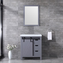 Load image into Gallery viewer, Lexora Marsyas LM342230SBBS000 30&quot; Single Bathroom Vanity in Dark Grey with White Carrara Marble, White Rectangle Sink, Rendered with Mirror