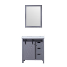 Load image into Gallery viewer, Lexora Marsyas LM342230SBBS000 30&quot; Single Bathroom Vanity in Dark Grey with White Carrara Marble, White Rectangle Sink, with Mirror