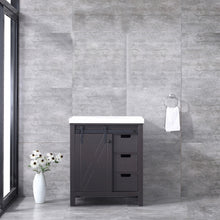 Load image into Gallery viewer, Lexora Marsyas LM342230SCCS000 30&quot; Single Bathroom Vanity in Brown with White Quartz, White Rectangle Sink, Rendered Front View