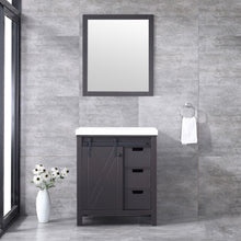 Load image into Gallery viewer, Lexora Marsyas LM342230SCCS000 30&quot; Single Bathroom Vanity in Brown with White Quartz, White Rectangle Sink, Rendered with Mirror