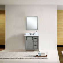 Load image into Gallery viewer, Lexora Marsyas LM342230SHCS000 30&quot; Single Bathroom Vanity in Ash Grey with White Quartz, White Rectangle Sink, Rendered with Mirror and Faucet