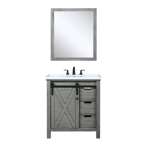 Lexora Marsyas LM342230SHCS000 30" Single Bathroom Vanity in Ash Grey with White Quartz, White Rectangle Sink, with Mirror and Faucet