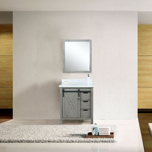Lexora Marsyas LM342230SHCS000 30" Single Bathroom Vanity in Ash Grey with White Quartz, White Rectangle Sink, Rendered with Mirror