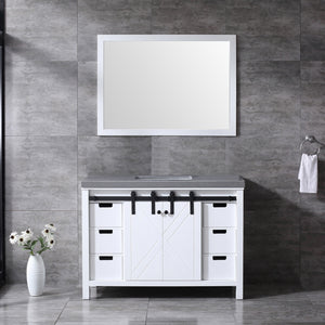 Lexora Marsyas LM342248SAAS000 48" Single Bathroom Vanity in White with Grey Quartz, White Rectangle Sink, Rendered with Mirror