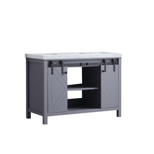 Load image into Gallery viewer, Lexora Marsyas LM342248SBBS000 48&quot; Single Bathroom Vanity in Dark Grey with White Carrara Marble, White Rectangle Sink, Open Doors