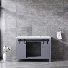 Load image into Gallery viewer, Lexora Marsyas LM342248SBBS000 48&quot; Single Bathroom Vanity in Dark Grey with White Carrara Marble, White Rectangle Sink, Rendered Open Doors