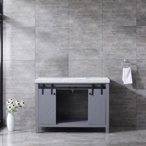 Lexora Marsyas LM342248SBBS000 48" Single Bathroom Vanity in Dark Grey with White Carrara Marble, White Rectangle Sink, Rendered Open Doors