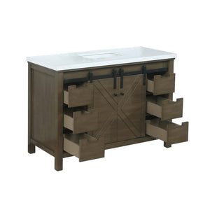 Lexora Marsyas LM342248SKCS000 48" Single Bathroom Vanity in Rustic Brown with White Quartz, White Rectangle Sink, Open Drawers