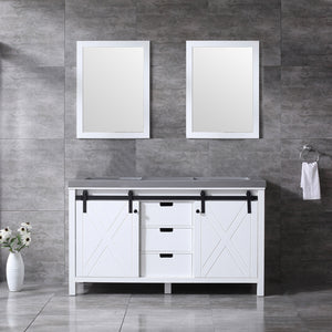 Lexora Marsyas LM342260DAAS000 60" Single Bathroom Vanity in White with Grey Quartz, White Rectangle Sink, Rendered with Mirrors