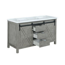 Load image into Gallery viewer, Lexora Marsyas LM342260DHCS000 60&quot; Single Bathroom Vanity in Ash Grey with White Quartz, White Rectangle Sink, Open Drawers