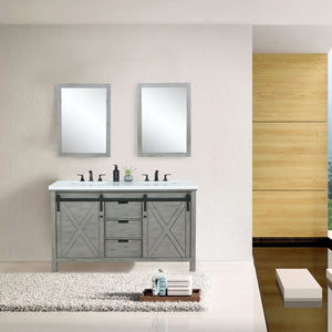 Lexora Marsyas LM342260DHCS000 60" Single Bathroom Vanity in Ash Grey with White Quartz, White Rectangle Sink, Rendered with Mirrors and Faucets
