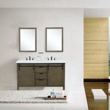 Load image into Gallery viewer, Lexora Marsyas LM342260DKCS000 60&quot; Single Bathroom Vanity in Rustic Brown with White Quartz, White Rectangle Sink, Rendered with Mirrors and Faucets