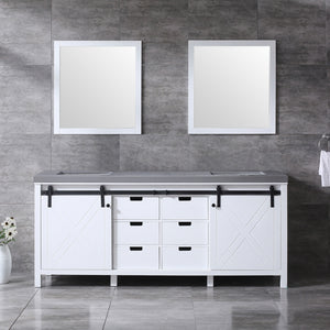 Lexora Marsyas LM342280DAAS000 80" Single Bathroom Vanity in White with Grey Quartz, White Rectangle Sink, Rendered with Mirrors