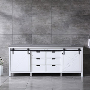 Lexora Marsyas LM342284DAAS000 84" Double Bathroom Vanity in White with Grey Quartz, White Rectangle Sink, Rendered Front View