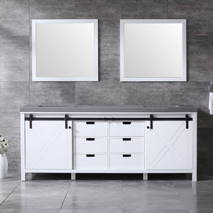 Lexora Marsyas LM342284DAAS000 84" Double Bathroom Vanity in White with Grey Quartz, White Rectangle Sink, Rendered with Mirrors