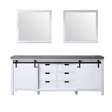 Load image into Gallery viewer, Lexora Marsyas LM342284DAAS000 84&quot; Double Bathroom Vanity in White with Grey Quartz, White Rectangle Sink, with Mirrors