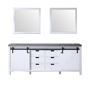 Lexora Marsyas LM342284DAAS000 84" Double Bathroom Vanity in White with Grey Quartz, White Rectangle Sink, with Mirrors