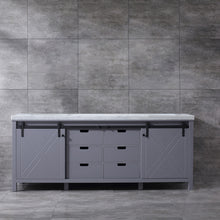 Load image into Gallery viewer, Lexora Marsyas LM342284DBBS000 84&quot; Double Bathroom Vanity in Dark Grey with White Carrara Marble, White Rectangle Sink, Rendered Front View