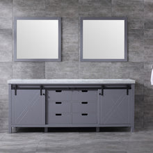 Load image into Gallery viewer, Lexora Marsyas LM342284DBBS000 84&quot; Double Bathroom Vanity in Dark Grey with White Carrara Marble, White Rectangle Sink, Rendered with Mirrors
