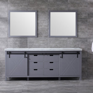 Lexora Marsyas LM342284DBBS000 84" Double Bathroom Vanity in Dark Grey with White Carrara Marble, White Rectangle Sink, Rendered with Mirrors