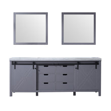 Load image into Gallery viewer, Lexora Marsyas LM342284DBBS000 84&quot; Double Bathroom Vanity in Dark Grey with White Carrara Marble, White Rectangle Sink, with Mirrors